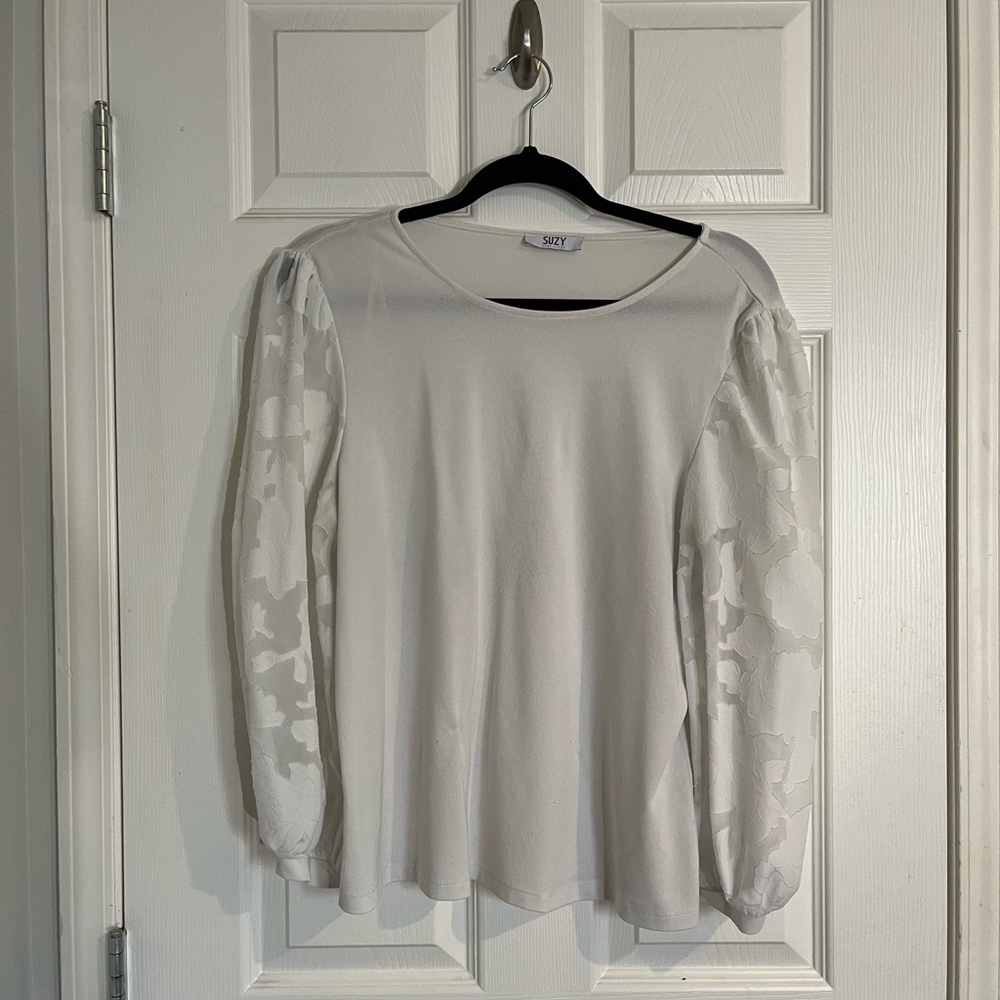 White Long Sleeve Top with Sheer Sleeves
